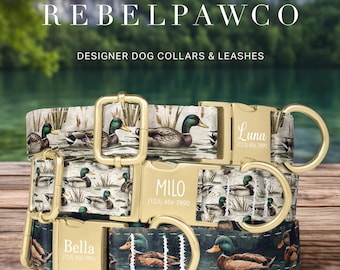 Duck Hunting Dog Collar Personalized, Duck Dog Collar with Engraved Name, Duck Hunting Gift for Dad, Collar/Leash Set, Adjustable, HC185