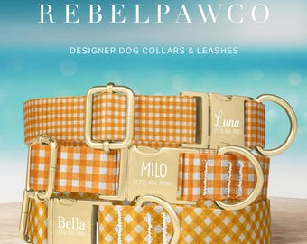Orange Gingham Dog Collar Personalized, Check Dog Collar Leash Set, Orange Plaid Dog Collar, Metal Buckle, Designer Dog Collar, HC80