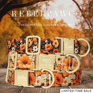 May include: Three designer dog collars with floral patterns in orange, black, and white. Each collar has a gold-colored buckle and a D-ring. The collars are personalized with names and phone numbers. The text "REBELPAWCO" and "LIMITED-TIME SALE" are also visible.