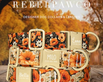 Pode incluir: Três coleiras de design para cães com padrões florais em laranja, preto e branco. Cada coleira tem uma fivela dourada e um anel em D. As coleiras são personalizadas com nomes e números de telefone. O texto "REBELPAWCO" e "LIMITED-TIME SALE" também são visíveis.