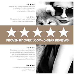 May include: Black and white image featuring a woman wearing sunglasses and a dog. The image includes text that reads "PROVEN WITH HUNDREDS OF 5-STAR REVIEWS" and customer reviews with five-star ratings.