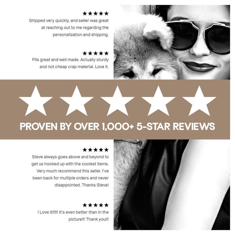 May include: Black and white image featuring a woman wearing sunglasses and a dog. The image includes text that reads "PROVEN WITH HUNDREDS OF 5-STAR REVIEWS" and customer reviews with five-star ratings.