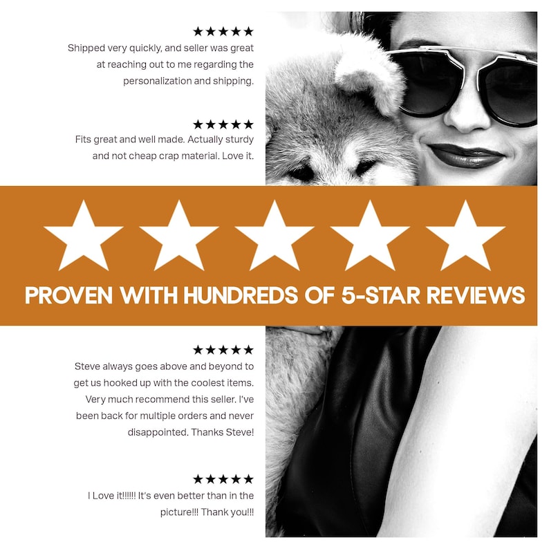 May include: Black and white image featuring a woman wearing sunglasses and a dog. The image includes text that reads "PROVEN WITH HUNDREDS OF 5-STAR REVIEWS" and customer reviews with 5-star ratings.