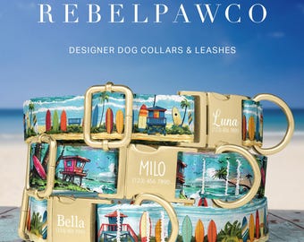 Collar para perro de playa, collar para perro surfista, collar para perro personalizado con nombre, collar para perro costero, collar para perro oceánico, regalo para papá perruno, juego de correa, HC294