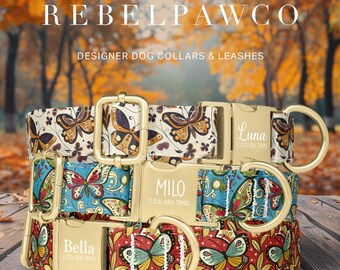Cute Dog Collar, Floral Dog Collar, Personalized Dog Collar with Name, Butterfly Dog Collar, Boho Dog Collar, Leash, Girl Dog Collar, HC169