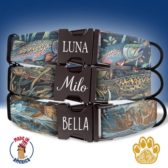 Dog Collar Fishing with Engraving, Gift for Dog, Dog Collar and Leash, Custom Engraved Dog Collar with Name, Fisherman Gifts, HC14