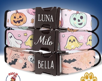 Cute Halloween Dog Collar, Spooky Dog Collar and Matching Leash, Featuring Ghosts, Bats and Pumpkins, Dog Collar with Engraved Name, HC6