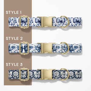 May include: Three dog collars with blue bow and floral patterns on a white background. Each collar has a gold-colored buckle and D-ring. The text "STYLE 1", "STYLE 2", and "STYLE 3" is visible.
