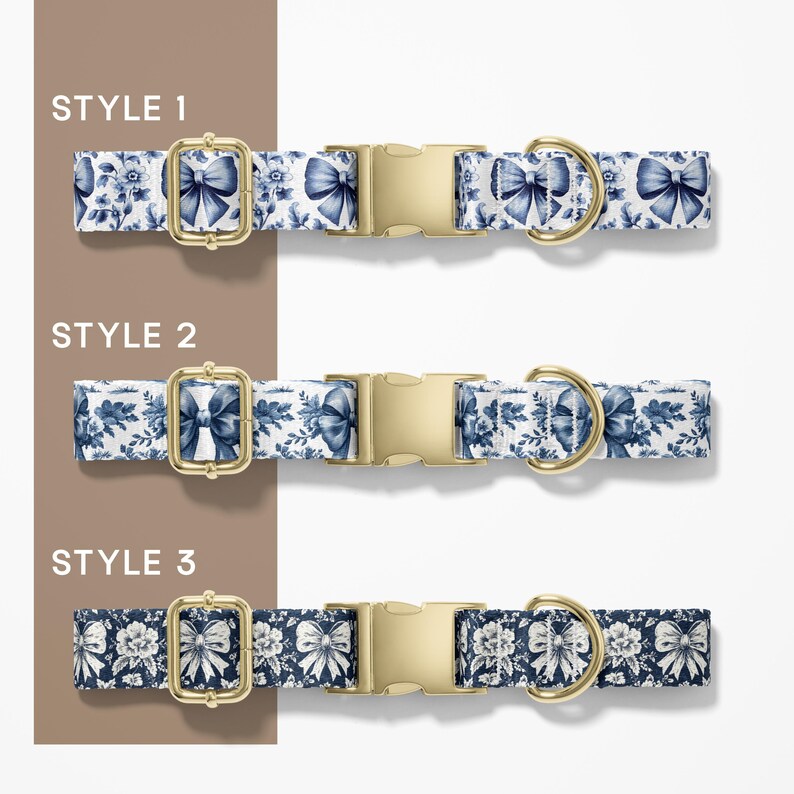 May include: Three dog collars with blue bow and floral patterns on a white background. Each collar has a gold-colored buckle and D-ring. The text "STYLE 1", "STYLE 2", and "STYLE 3" is visible.