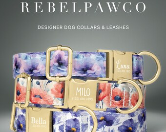 Spring Watercolor Flower Dog Collar Girl, Personalized Engraved Collars with Name, Custom Floral Dog Collar, Leash Collar Set, HC255