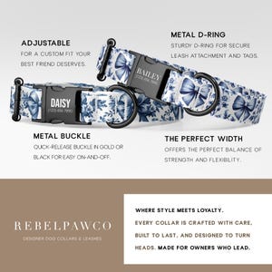 May include: Two dog collars with a blue floral pattern and black hardware. One collar is labeled "Bailey" and the other "Daisy", each with a phone number. The collars feature metal D-rings and adjustable metal buckles. The brand name "Rebelpawco" is also visible.