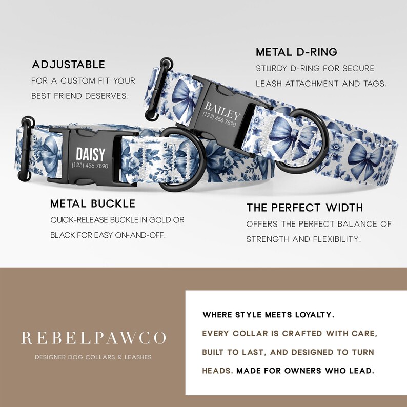 May include: Two dog collars with a blue floral pattern and black hardware. One collar is labeled "Bailey" and the other "Daisy", each with a phone number. The collars feature metal D-rings and adjustable metal buckles. The brand name "Rebelpawco" is also visible.