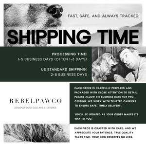 Puede incluir: Imagen con texto sobre los tiempos de env&iacute;o de collares y correas para perros. El texto incluye "FAST, SAFE, AND ALWAYS TRACKED" y "SHIPPING TIME". La marca "REBELPAWCO" tambi&eacute;n es visible. La imagen tambi&eacute;n incluye una foto en blanco y negro de un perro.