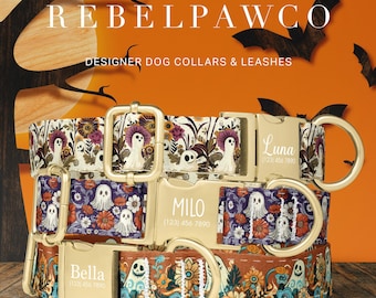 Spooky Dog Collar, Halloween Dog Collar, Personalized Dog Collar, Ghost Dog Collar, Floral Dog Collar, Leash Set, Dog Mom Gift, HC191