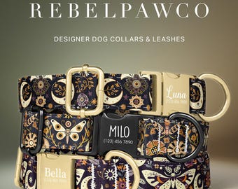 Collar de bruja para perro, collar mágico para perro, collar para perro grabado a medida, diseño floral místico, collar inspirado en el tarot, estilo libro de hechizos, conjunto con correa, HC323