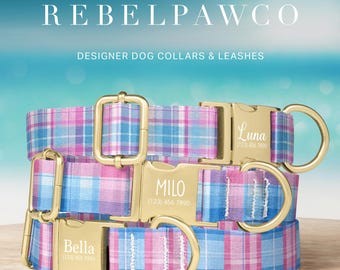 May include: Three designer dog collars with gold-colored hardware. The collars are plaid in pink and blue. Each collar has a name engraved on the buckle: Bella, Milo, and Luna, with a phone number. The text "REBELPAWCO" and "DESIGNER DOG COLLARS & LEASHES" are at the top. "LIMITED-TIME SALE" is at the bottom.