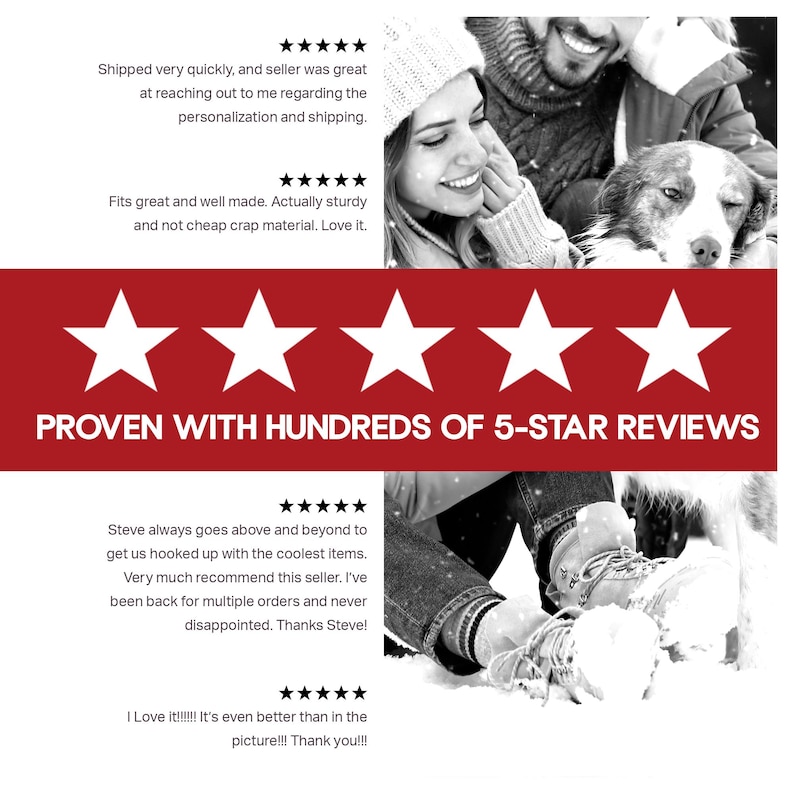 Op de afbeelding: Zwart-wit afbeelding met een stel en een hond in een besneeuwde omgeving. De afbeelding bevat de tekst "BEWEZEN MET HONDERDEN 5-STERREN RECENSIES" en getuigenissen van klanten met vijfsterrenbeoordelingen. Het algemene thema is klanttevredenheid.