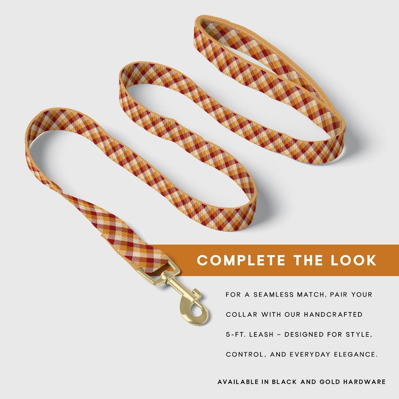 May include: A dog leash with a gold-colored clasp and a matching collar. The leash and collar feature a plaid pattern in shades of red, yellow, and cream. The text "COMPLETE THE LOOK" is displayed in a brown banner.