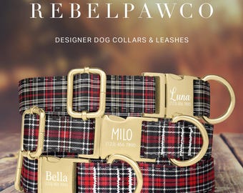 Plaid Dog Collar Red Personalized, Fall Plaid Dog Collar, Christmas Dog Collar Engraved, Leash Set, Adjustable Collar, Metal Buckle, HC158