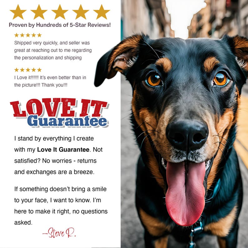May include: A close-up of a black and brown dog with a pink tongue hanging out. The dog has bright orange eyes. Text on the left side reads "LOVE IT Guarantee" and customer reviews.
