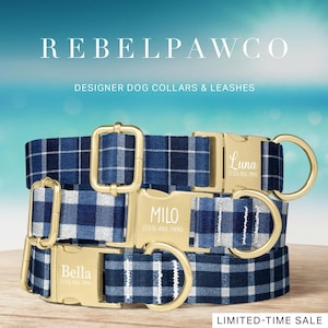 May include: Three designer dog collars with blue and white plaid patterns. Each collar has a gold-colored buckle with a name and phone number engraved. The brand name "REBELPAWCO" is at the top, with "DESIGNER DOG COLLARS & LEASHES" below it. The text "LIMITED-TIME SALE" is at the bottom.
