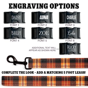 May include: Black engraved pet collar buckles with names like "Daisy", "Luna", and "Charlie", plus a matching plaid leash. The image shows different font options and the text "Engraving Options".