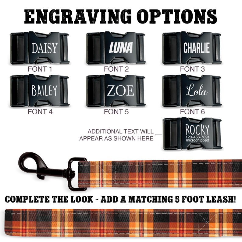 May include: Black engraved pet collar buckles with names like "Daisy", "Luna", and "Charlie", plus a matching plaid leash. The image shows different font options and the text "Engraving Options".