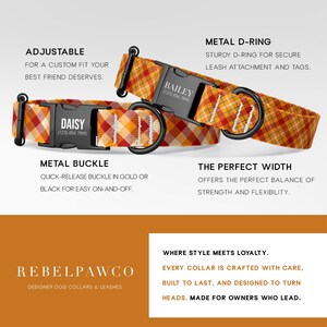 May include: Two dog collars with a plaid pattern in shades of orange, yellow, and red. Each collar features a black metal buckle and D-ring. One collar is labeled "BAILEY" and the other "DAISY" with phone numbers. The collars are adjustable and designed for secure leash attachment.