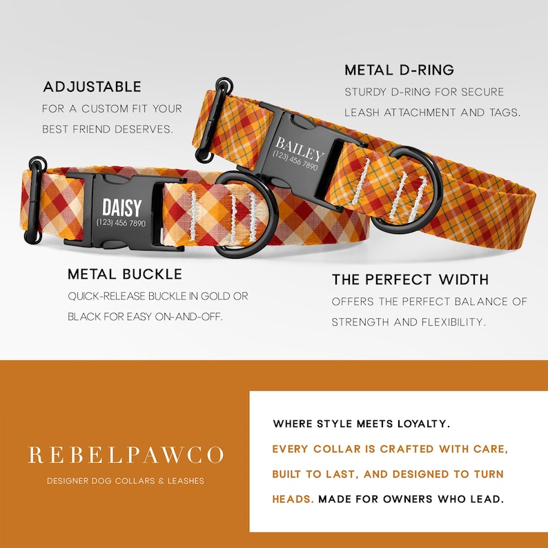 May include: Two dog collars with a plaid pattern in shades of orange, yellow, and red. Each collar features a black metal buckle and D-ring. One collar is labeled "BAILEY" and the other "DAISY" with phone numbers. The collars are adjustable and designed for secure leash attachment.