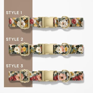 Puede incluir: Tres collares para perros con estampado floral y herrajes dorados. Los collares presentan un dise&ntilde;o de flores rojas, blancas y amarillas sobre un fondo verde. El texto "STYLE 1", "STYLE 2" y "STYLE 3" es visible.