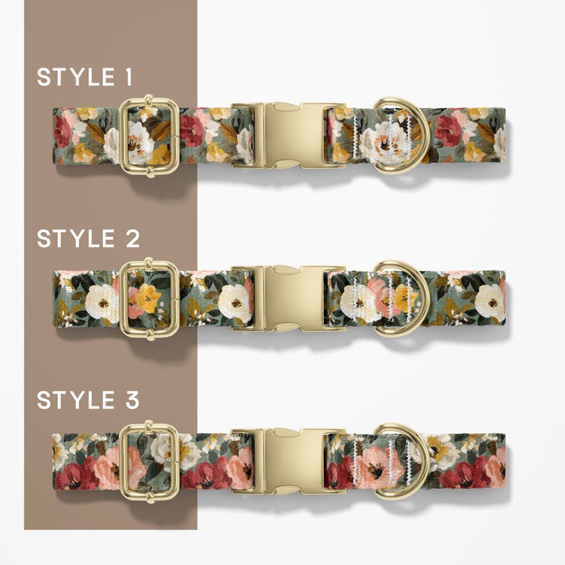 Puede incluir: Tres collares para perros con estampado floral y herrajes dorados. Los collares presentan un dise&ntilde;o de flores rojas, blancas y amarillas sobre un fondo verde. El texto "STYLE 1", "STYLE 2" y "STYLE 3" es visible.