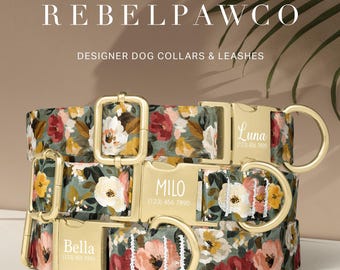 Abstract Floral Girl Dog Collar Personalized, Contemporary Flower Dog Collar with Name, Pet Collar w/ Name Engraving, Dog Leash Set, HC126