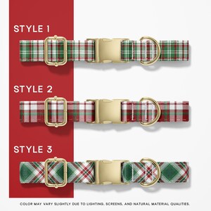 Op de afbeelding: Drie honden halsbanden met goudkleurige hardware en ruitpatronen in rood, groen en wit. De halsbanden zijn gelabeld met "Style 1", "Style 2" en "Style 3". De tekst onderaan luidt "COLOR MAY VARY SLIGHTLY DUE TO LIGHTING, SCREENS, AND NATURAL MATERIAL QUALITIES."