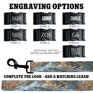 May include: A black dog collar with a variety of engraving options for names and fonts. The collar is shown with a matching leash featuring a colorful design of trout swimming in a stream.