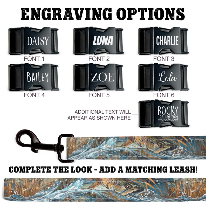 May include: A black dog collar with a variety of engraving options for names and fonts. The collar is shown with a matching leash featuring a colorful design of trout swimming in a stream.