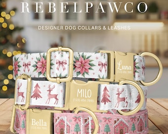 May include: Designer dog collars with festive holiday patterns. The collars feature gold-colored buckles and D-rings, with names and phone numbers engraved. Designs include poinsettias, reindeer, and gingerbread houses. The text "REBELPAWCO" and "ORDER BY DEC 11TH" are visible.