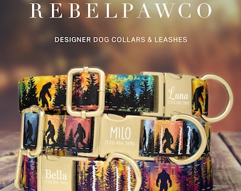 Bigfoot Dog Collars Personalized, Dog Collar Sasquatch, Yeti Dog Collar, Forest Dog Collar Quick Release, Custom Engraved, Leash Set, HC136