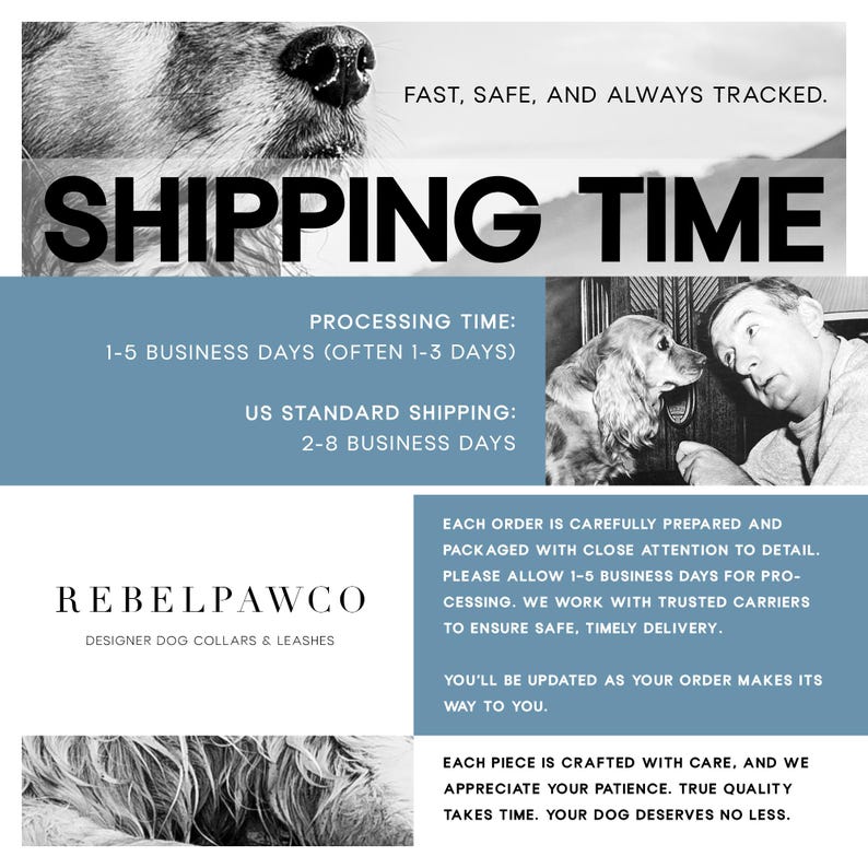 Each personalized dog collar is made to order and carefully prepared before shipping to ensure quality and accuracy. Processing times and delivery expectations are clearly outlined for a smooth buying experience.