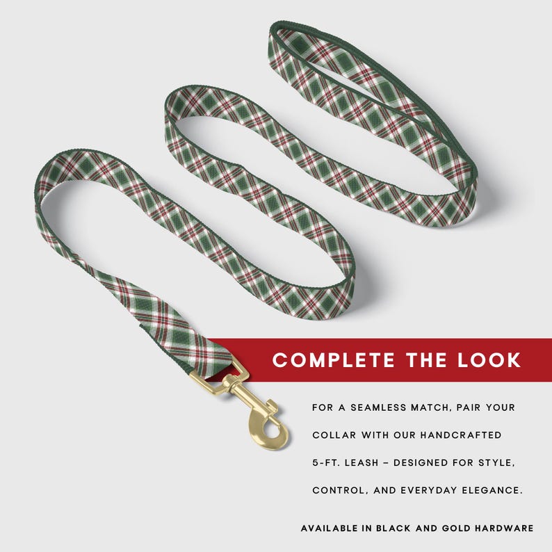Op de afbeelding: Een groen, rood en wit geruite hondenriem met een goudkleurige sluiting. De riem is ontworpen voor stijl, controle en alledaagse elegantie. De tekst "COMPLETE THE LOOK" wordt weergegeven in een rode banner.