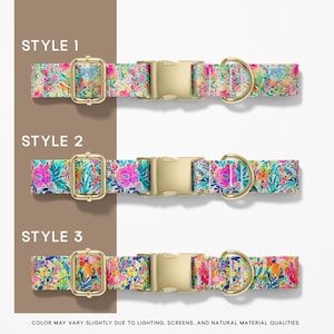 May include: Three floral dog collars with gold-colored hardware. Each collar features a different colorful floral pattern. The collars are labeled "STYLE 1", "STYLE 2", and "STYLE 3".