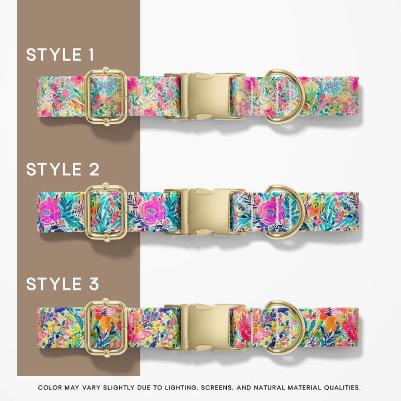 May include: Three floral dog collars with gold-colored hardware. Each collar features a different colorful floral pattern. The collars are labeled "STYLE 1", "STYLE 2", and "STYLE 3".