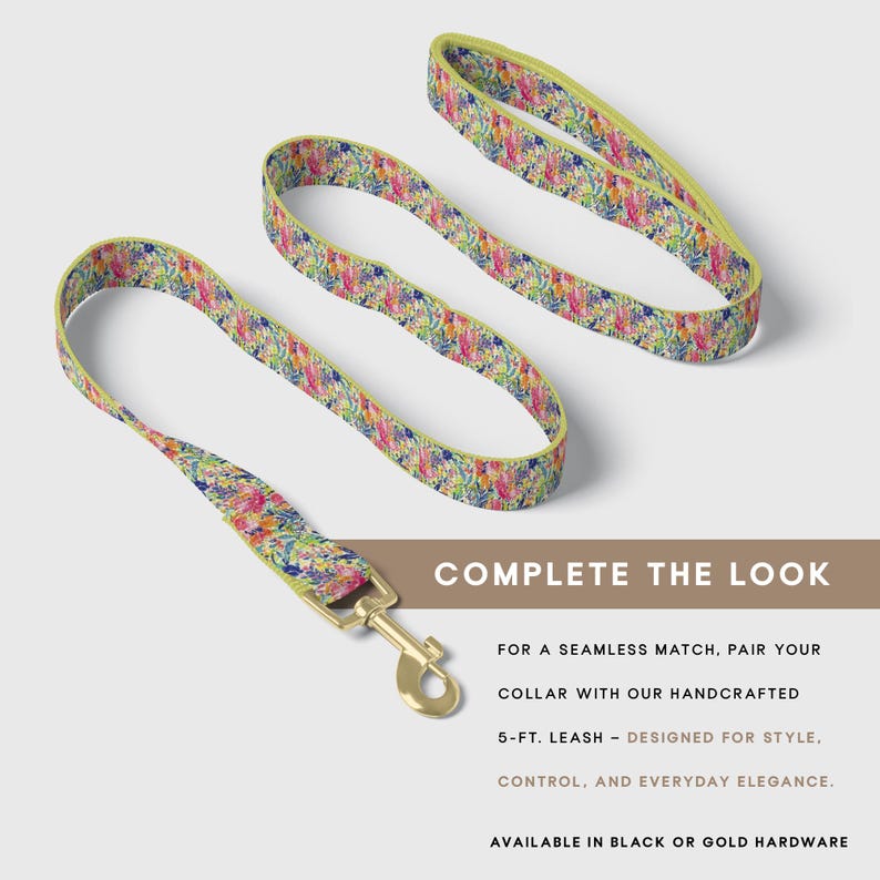 May include: A floral patterned dog leash with a gold-colored clasp. The leash is approximately 5 feet long and features a colorful design with pink, yellow, and blue flowers. The text "COMPLETE THE LOOK" is visible.