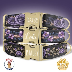 Dog Collar Purple Floral Personalized, Flower Dog Collar with Name, Custom Floral Print Dog Collar, Collar Leash Set, Metal Buckle, HC29