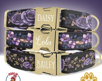 Dog Collar Purple Floral Personalized, Flower Dog Collar with Name, Custom Floral Print Dog Collar, Collar Leash Set, Metal Buckle, HC29