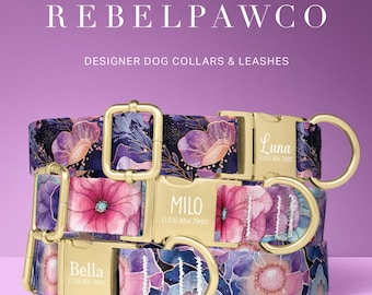 May include: Three designer dog collars with floral patterns in shades of purple, pink, and blue. Each collar has a gold-colored buckle and a D-ring. The collars are labeled with the names "Luna", "Milo", and "Bella" and phone numbers. The text "REBELPAWCO" and "LIMITED-TIME SALE" are also visible.
