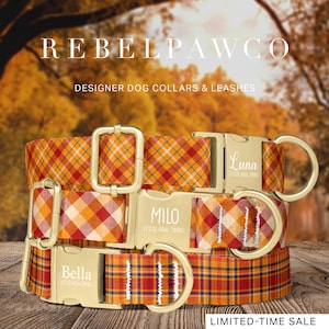 May include: Three plaid dog collars with gold-colored hardware. Each collar is personalized with a dog's name and phone number. The collars are in shades of orange, red, and yellow. The text "REBELPAWCO" and "DESIGNER DOG COLLARS & LEASHES" are at the top. "LIMITED-TIME SALE" is at the bottom.