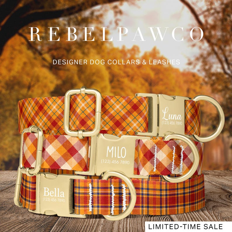May include: Three plaid dog collars with gold-colored hardware. Each collar is personalized with a dog's name and phone number. The collars are in shades of orange, red, and yellow. The text "REBELPAWCO" and "DESIGNER DOG COLLARS & LEASHES" are at the top. "LIMITED-TIME SALE" is at the bottom.