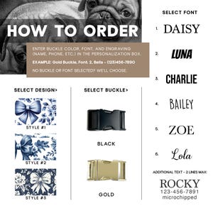 May include: Image showing options for a personalized dog collar. Includes design styles with blue bow patterns, buckle colors (black and gold), and font choices. Instructions are provided for ordering, including engraving details.