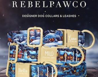 Puede incluir: Collares y correas de diseño para perros con una escena de pueblo invernal. Los collares tienen hebillas y anillas en D doradas. Los nombres "Luna", "Milo" y "Bella" están grabados en las hebillas, junto con números de teléfono. También se ve el texto "REBELPAWCO" y "ORDER BY DEC 11TH".