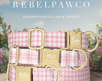 Gingham Pink Dog Collar with Personalized Name Tag Engraved Preppy Pink Plaid Dog Collar and Leash HC276
